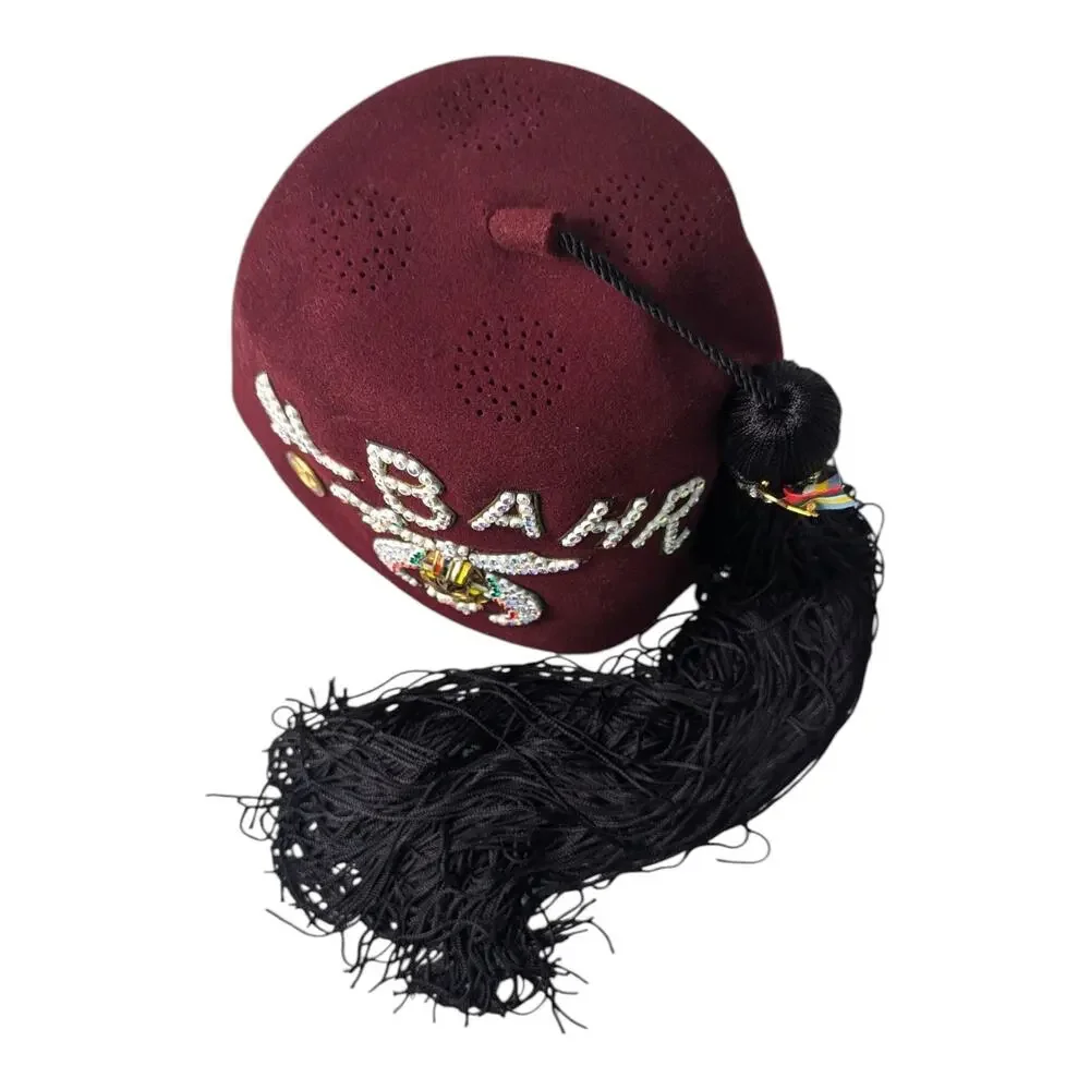 Shriner AL Bahr Masonic Wool Fez Hat Burgundy Jeweled (size 6 7/8) Vintage Mason